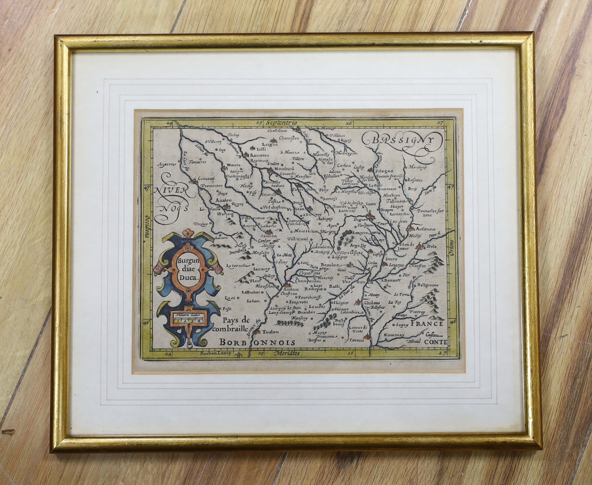 G. Mercator and H. Honduis, hand coloured miniature map of Burgundy, 15 x 18cm